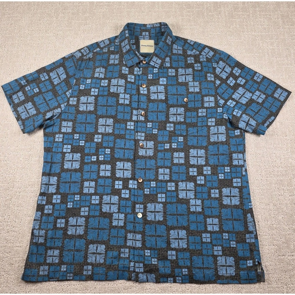 Tommy Bahama Mens XL Blue Silk Geometric Tile Print Short Sleeve Camp Shirt Pool